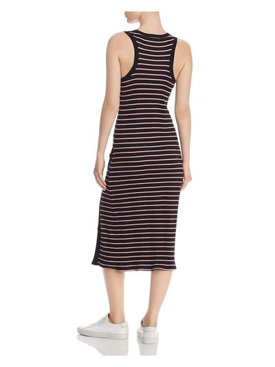 JOIE Womens Black Ruched Slitted Striped Sleeveless Scoop Neck Midi Sheath Dress M