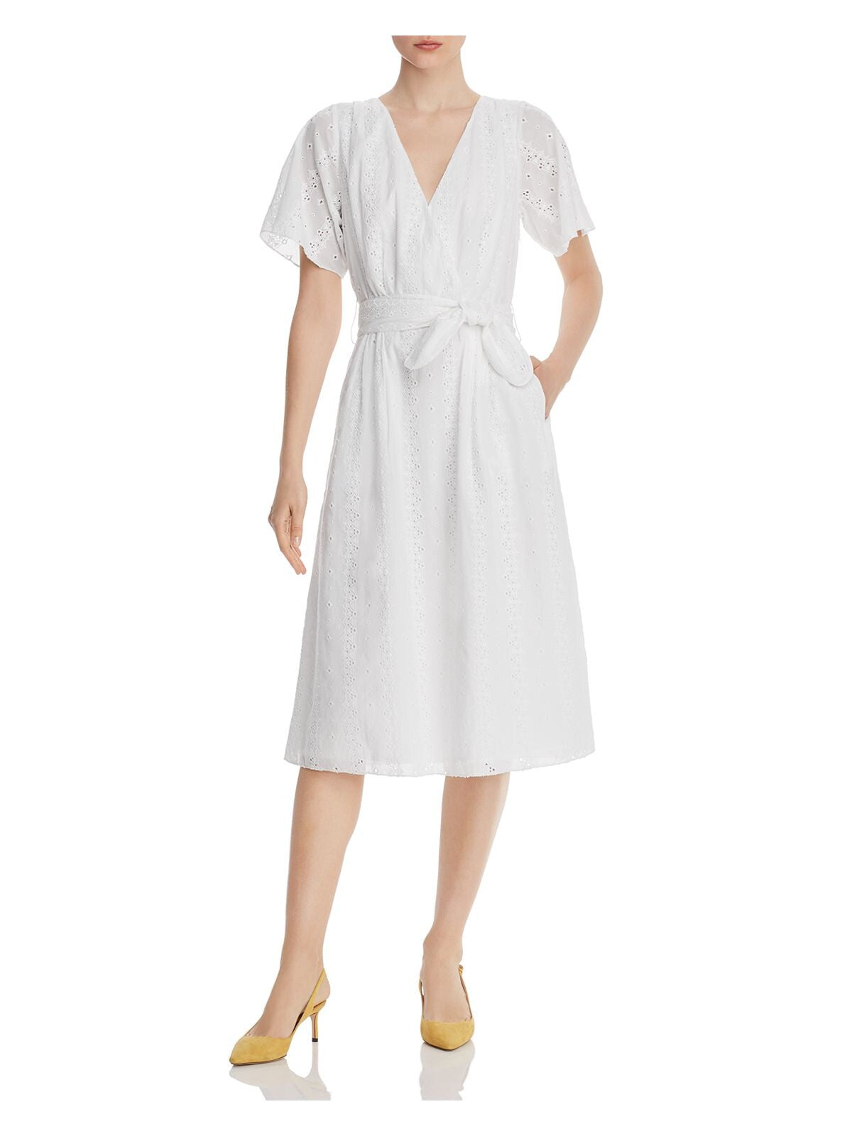 JOIE Womens Cotton Short Sleeve V Neck Midi Wear To Work Shirt Dress