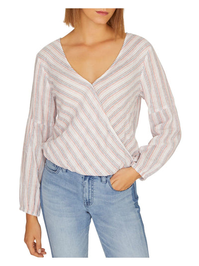SANCTUARY Womens Ivory Striped Long Sleeve V Neck Faux Wrap Top XS