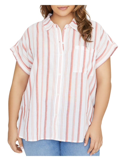 SANCTUARY Womens White Pocketed Cuffed Vented Hem Striped Short Sleeve Collared Button Up Top Plus 1X
