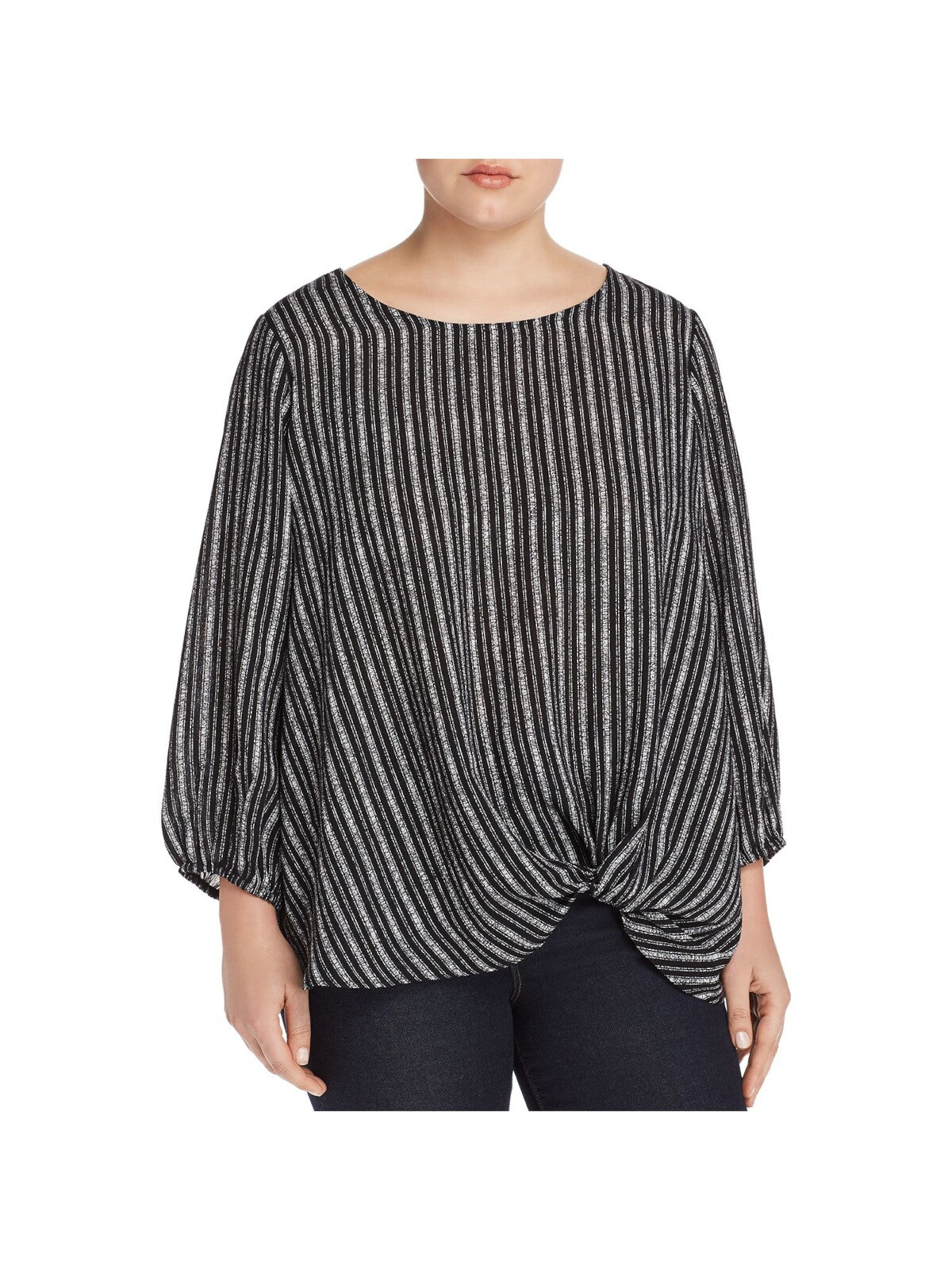 STATUS BY CHENAULT Womens Black Striped 3/4 Sleeve Jewel Neck Blouse Plus 1X