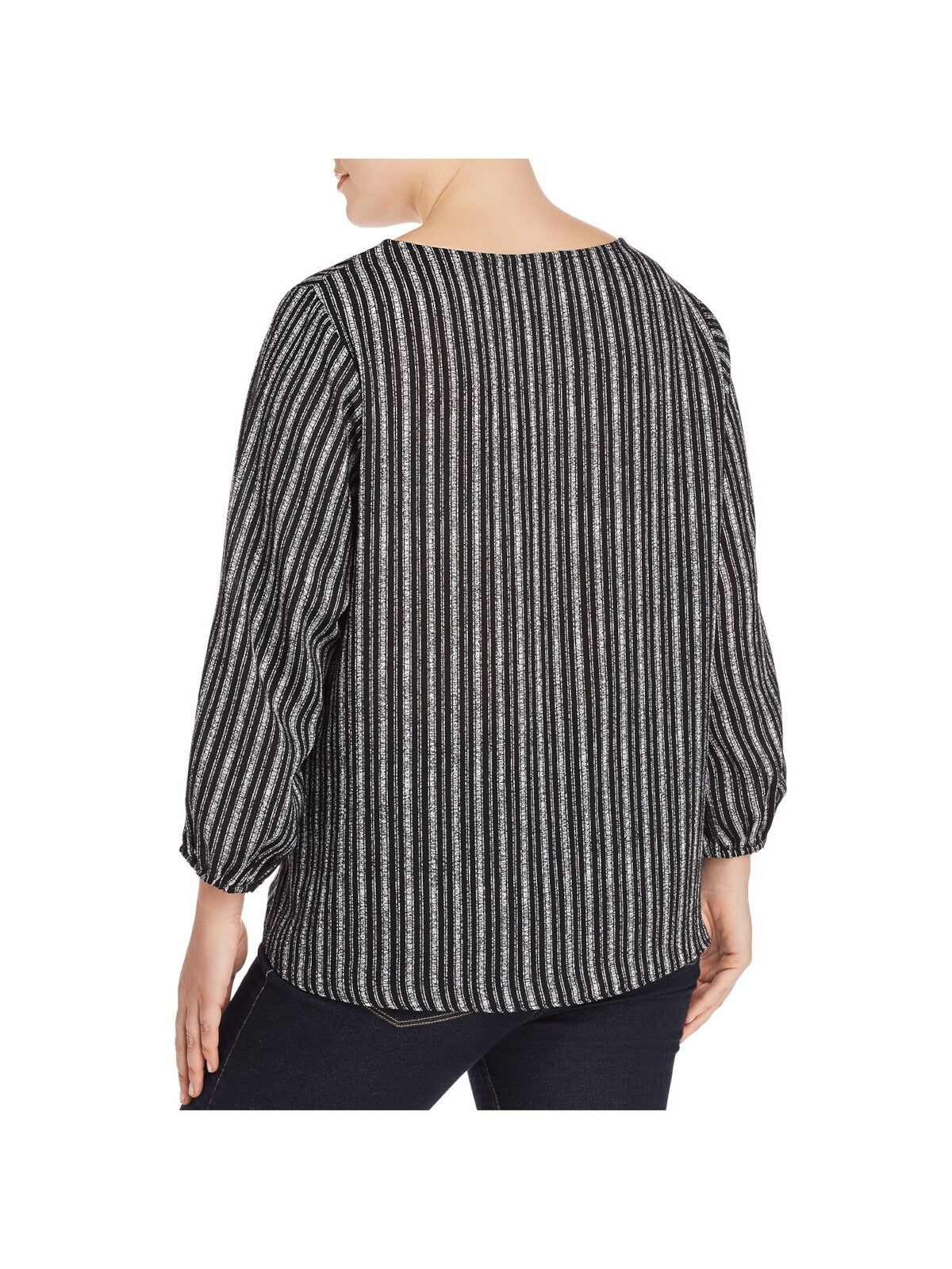 STATUS BY CHENAULT Womens Black Striped 3/4 Sleeve Jewel Neck Blouse Plus 1X