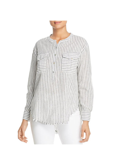 ELAN Womens Gray Frayed Hi-lo Hem Striped Cuffed Sleeve Crew Neck Button Up Top M