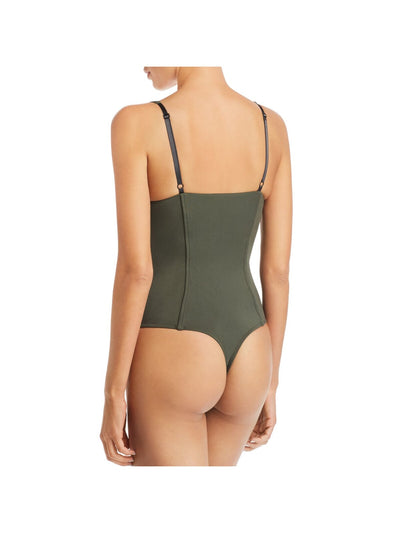 ALIX Womens Green Stretch Fitted Snap Button Closure Spaghetti Strap V Neck Body Suit Top M