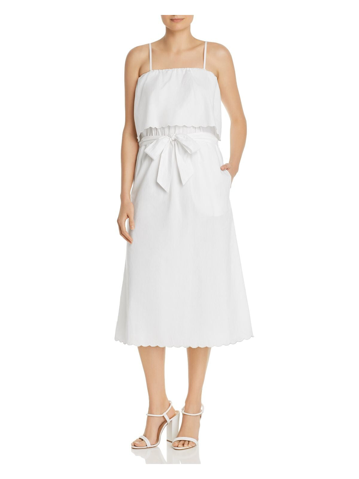 JOIE Womens White Cotton Ruffled Tie Front Scalloped Spaghetti Strap Midi Blouson Dress S