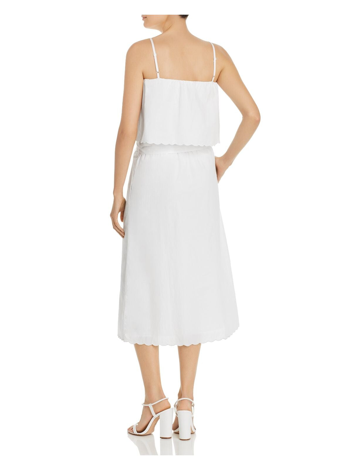 JOIE Womens White Cotton Ruffled Tie Front Scalloped Spaghetti Strap Midi Blouson Dress M