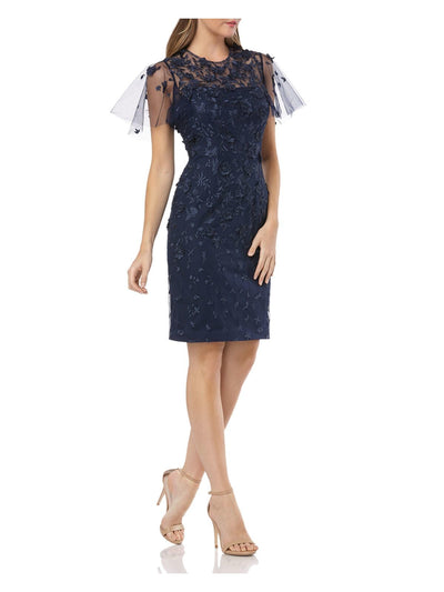 CARMEN MARC VALVO INFUSION Womens Navy Zippered Embroidered Floral Short Sleeve Round Neck Above The Knee Party Sheath Dress 10
