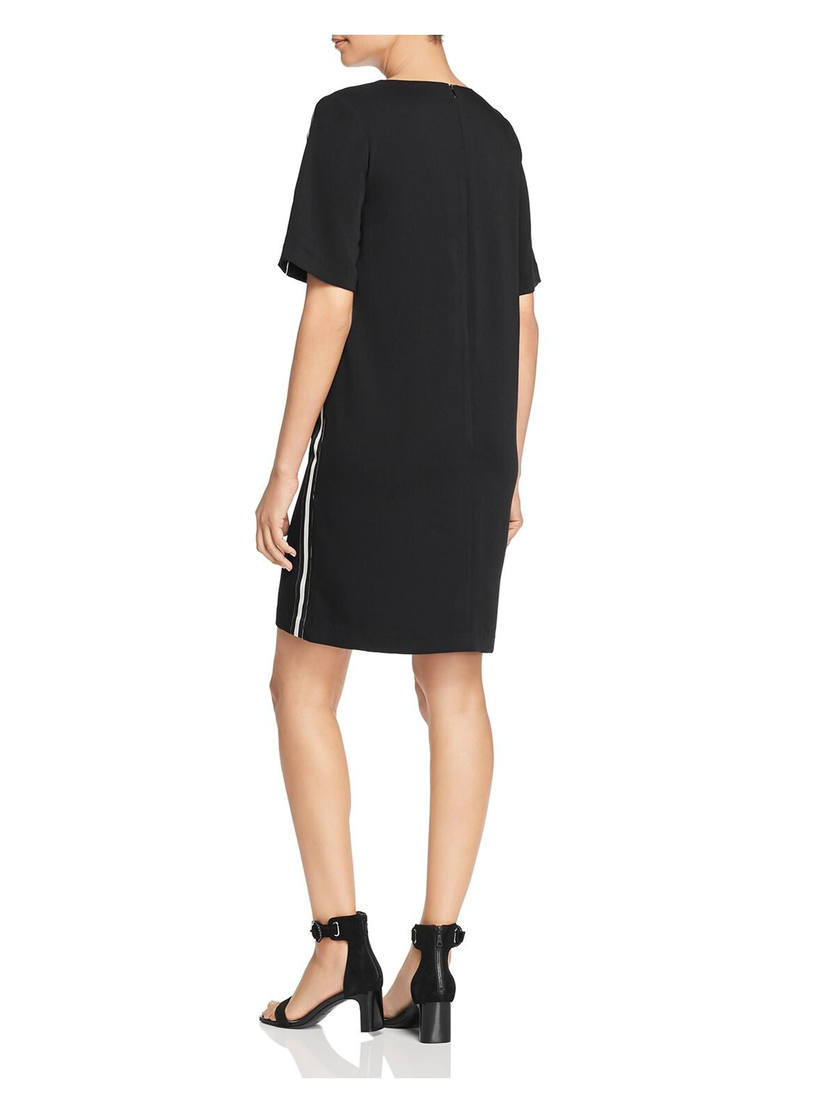 LE GALI Womens Black Zippered Striped Short Sleeve Jewel Neck Short Shift Dress XS