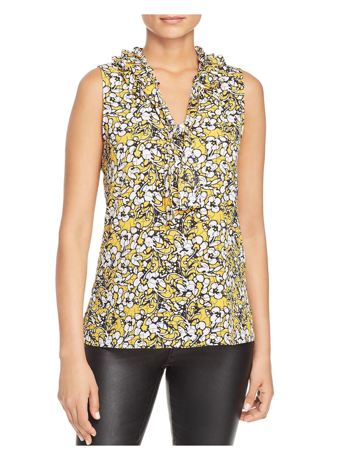 LE GALI Womens Yellow Ruffled Floral Sleeveless Keyhole Tank Top M