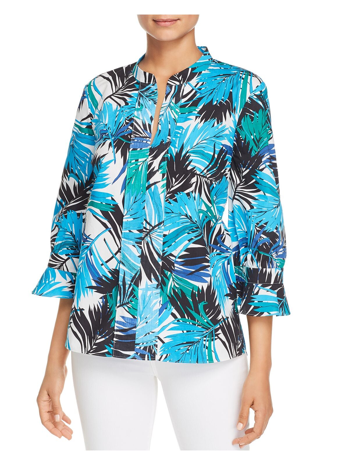 LE GALI Womens Turquoise Floral 3/4 Sleeve Mandarin Collar Top S