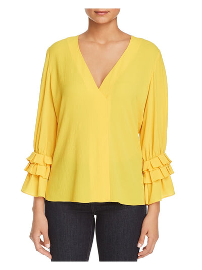 LE GALI Womens Yellow Floral Bell Sleeve V Neck Top S