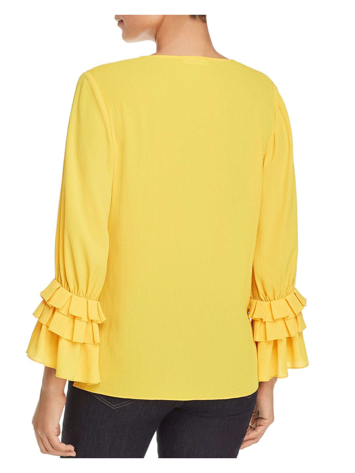 LE GALI Womens Yellow Floral Bell Sleeve V Neck Top S