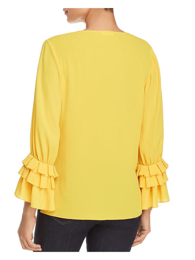 LE GALI Womens Yellow Floral Bell Sleeve V Neck Top XS