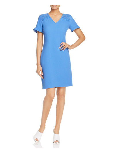KARL LAGERFELD Womens Blue Ruffled Zippered Lace Shoulder Short Sleeve V Neck Above The Knee Wear To Work Shift Dress 6