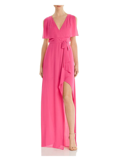 BCBG MAXAZRIA Womens Pink Slitted Belted Short Sleeve Surplice Neckline Full-Length Cocktail Gown Dress 0