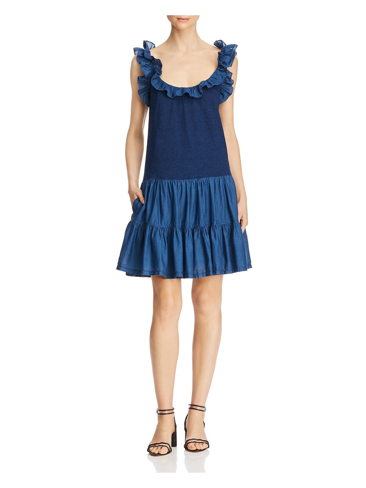 LA VIE BY REBECCA TAYLOR Womens Blue Low Back Heather Spaghetti Strap Scoop Neck Above The Knee Party Trapeze Dress M