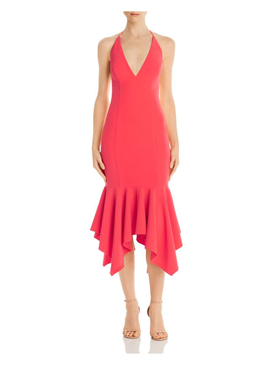 AIDAN MATTOX Womens Coral Zippered Spaghetti Strap V Neck Below The Knee Evening Hi-Lo Dress 8