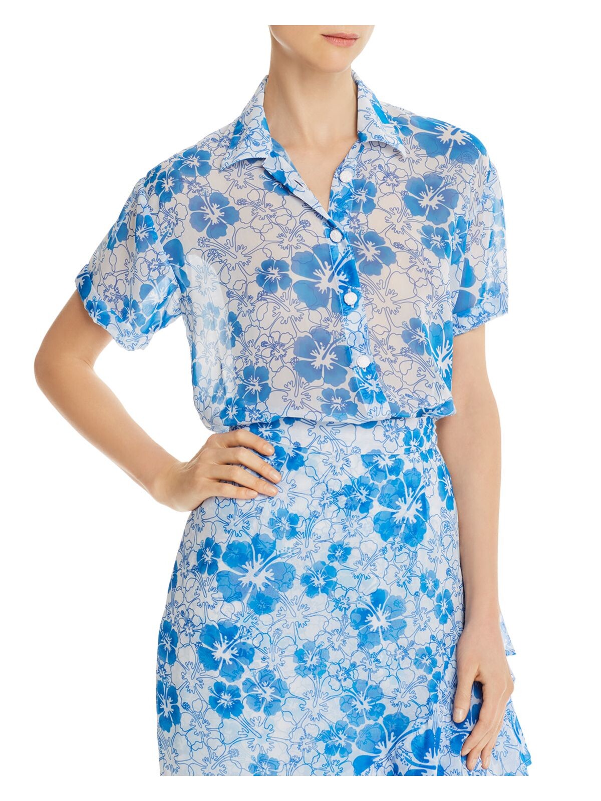 Mochi Womens Blue Floral Short Sleeve Collared Top S