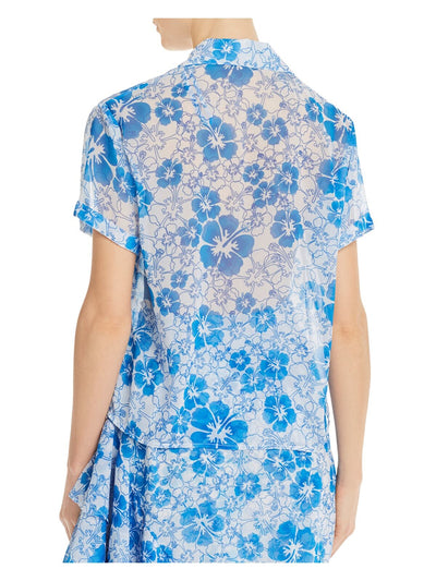 Mochi Womens Blue Floral Short Sleeve Collared Top XS