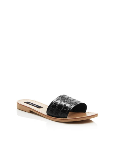AQUA Womens Black Croc Embossed Slide Round Toe Block Heel Slip On Leather Slide Sandals 5