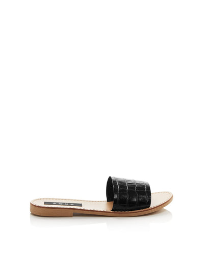 AQUA Womens Black Croc Embossed Slide Round Toe Block Heel Slip On Leather Slide Sandals Shoes M