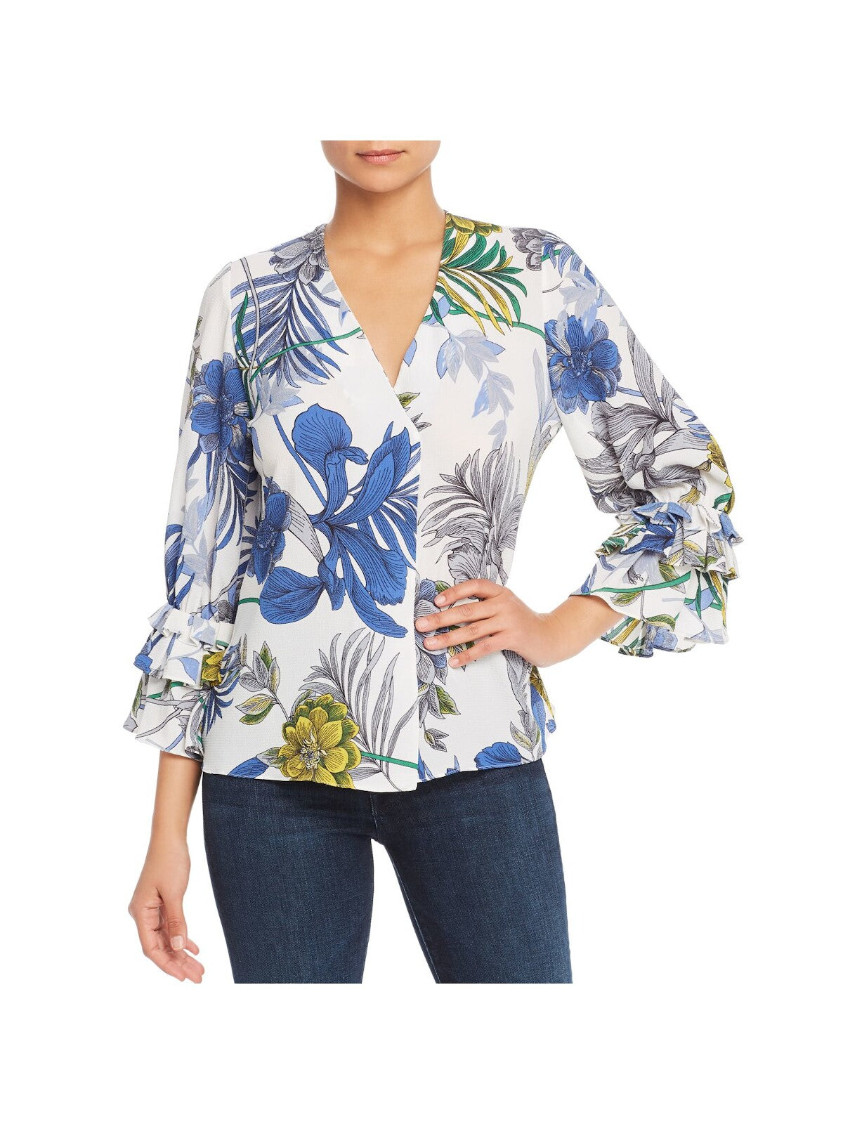 LE GALI Womens White Floral Bell Sleeve V Neck Top XS