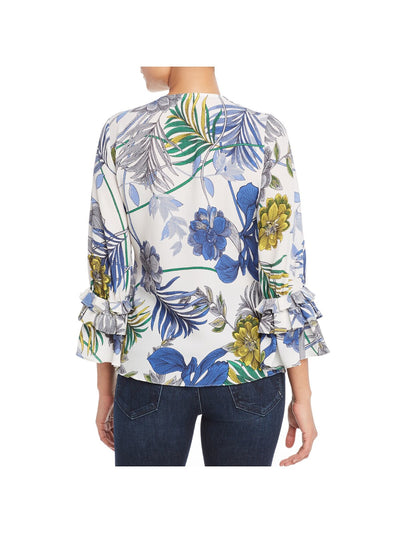 LE GALI Womens White Floral Bell Sleeve V Neck Top XS