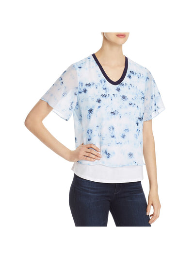 DONNA KARAN Womens Light Blue Sheer Double Layer Printed Short Sleeve V Neck Top XL