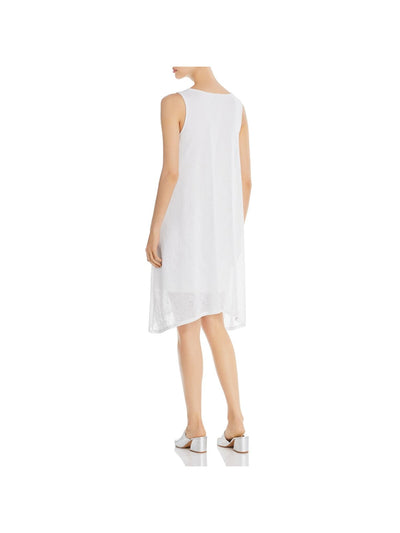 DONNA KARAN Womens White Textured Lined Handkerchief Hem Sleeveless Round Neck Knee Length Shift Dress XS