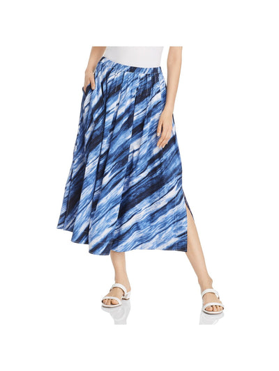 DONNA KARAN Womens Blue Pleated Pocketed Elastic Waist Printed Midi Wear To Work Pleated Skirt L