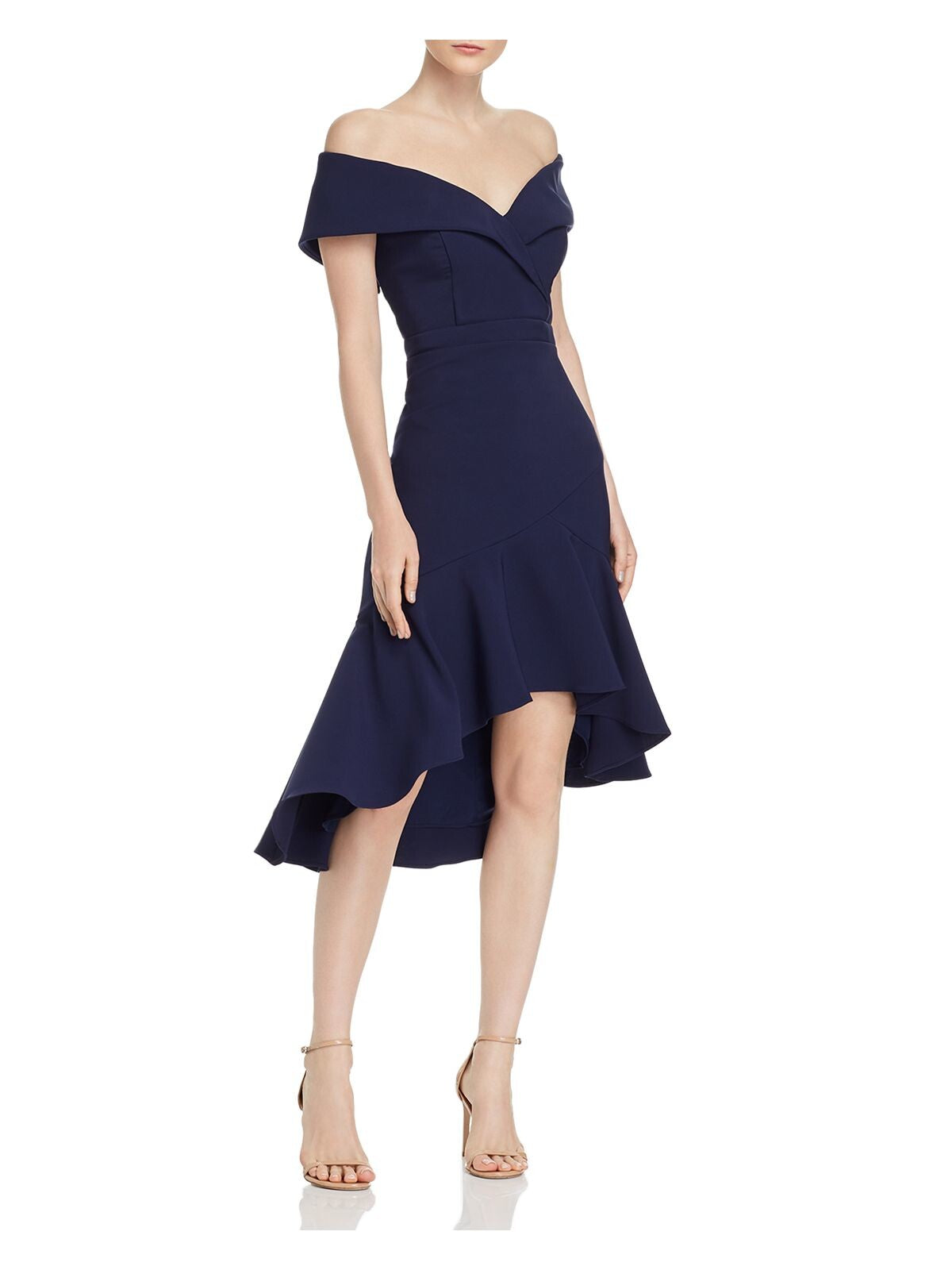 AQUA DRESSES Womens Navy Off Shoulder Midi Hi-Lo Dress 6