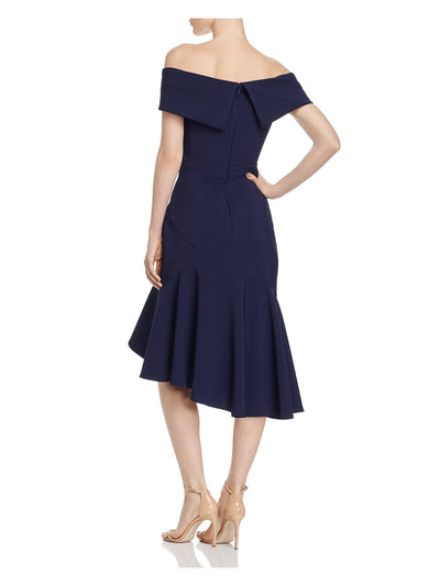 AQUA DRESSES Womens Navy Off Shoulder Midi Hi-Lo Dress 6