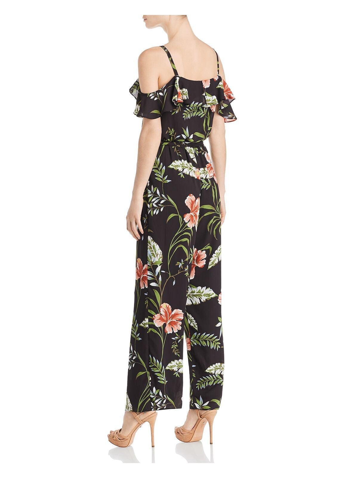 ADRIANNA PAPELL Womens Black Cold Shoulder Floral Spaghetti Strap V Neck Wide Leg Jumpsuit 14
