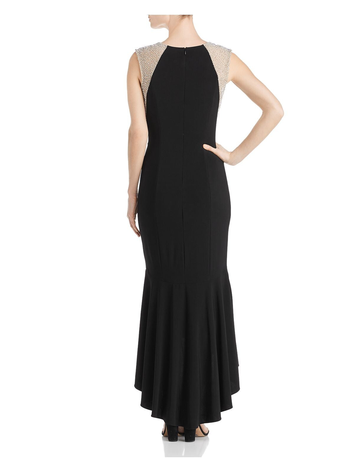 AVERY G Womens Black Beaded Zippered Hi-lo Hem Partially Lined Sleeveless Round Neck Midi Evening Gown Dress 0