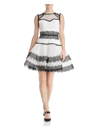 BRONXANDBANCO Womens White Striped Sleeveless Jewel Neck Short Evening Fit + Flare Dress S