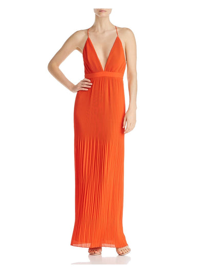 FAME AND PARTNERS Womens Orange Pleated Sleeveless V Neck Full-Length Evening Sheath Dress 14