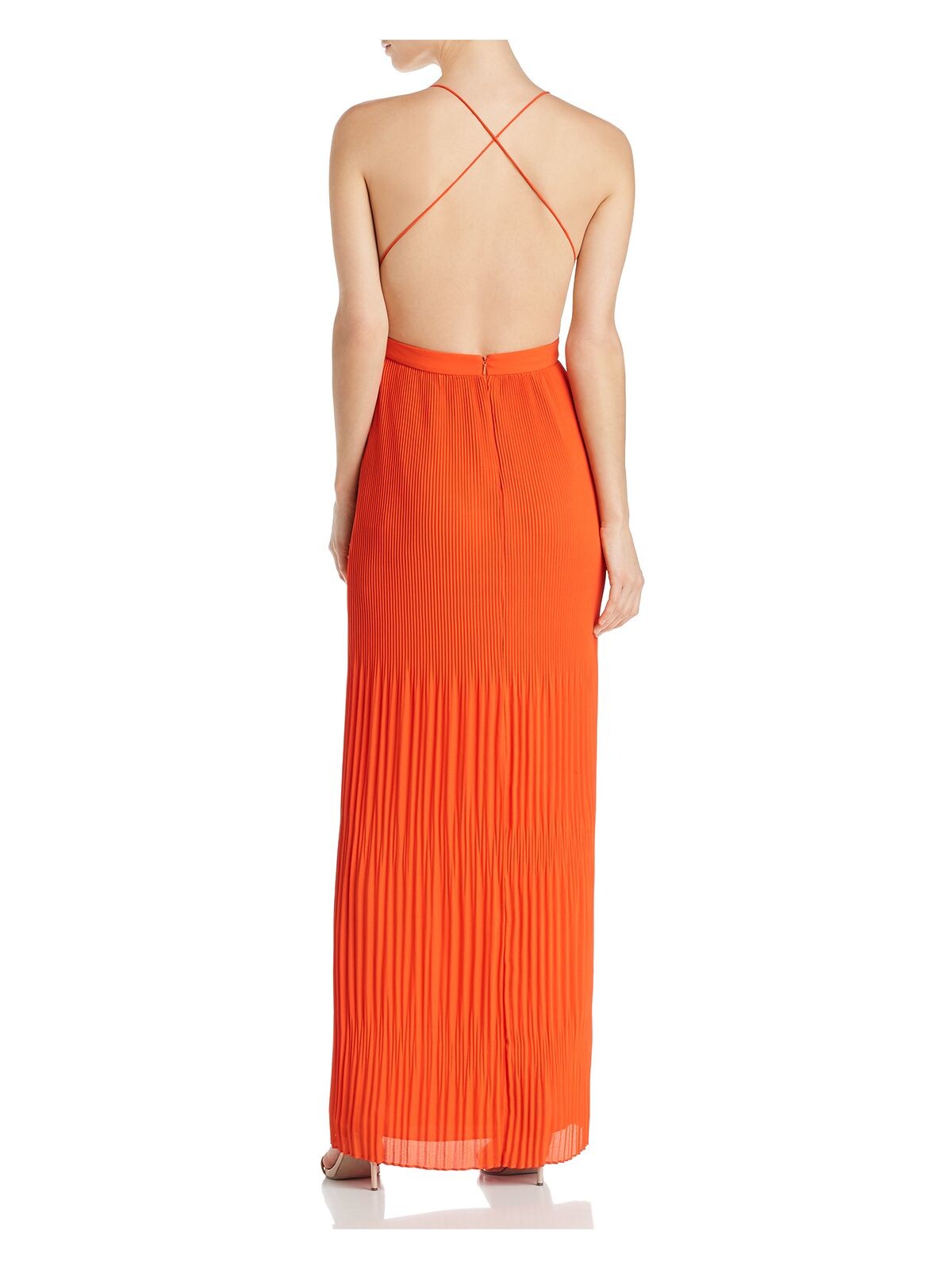 FAME AND PARTNERS Womens Orange Pleated Sleeveless V Neck Full-Length Evening Sheath Dress 14