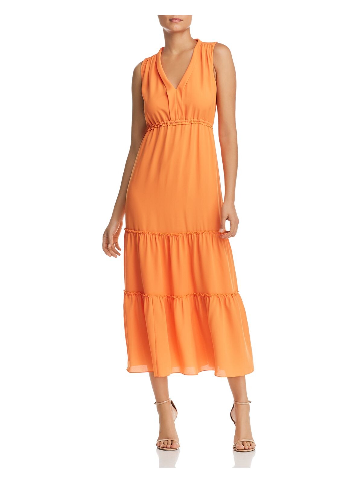 LE GALI Womens Orange Sleeveless V Neck Tea-Length Sheath Dress XS