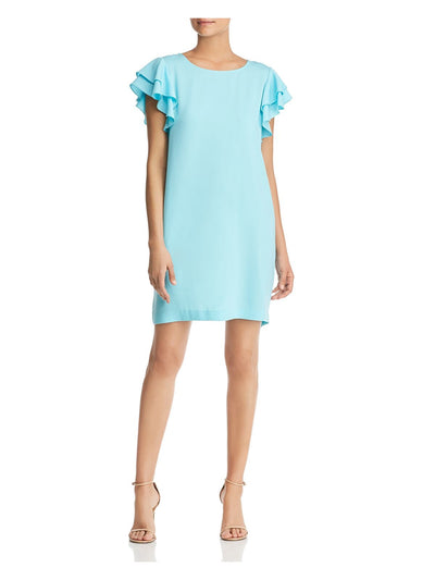 LE GALI Womens Turquoise Ruffled  Sleeves Short Sleeve Jewel Neck Short Cocktail Body Con Dress L