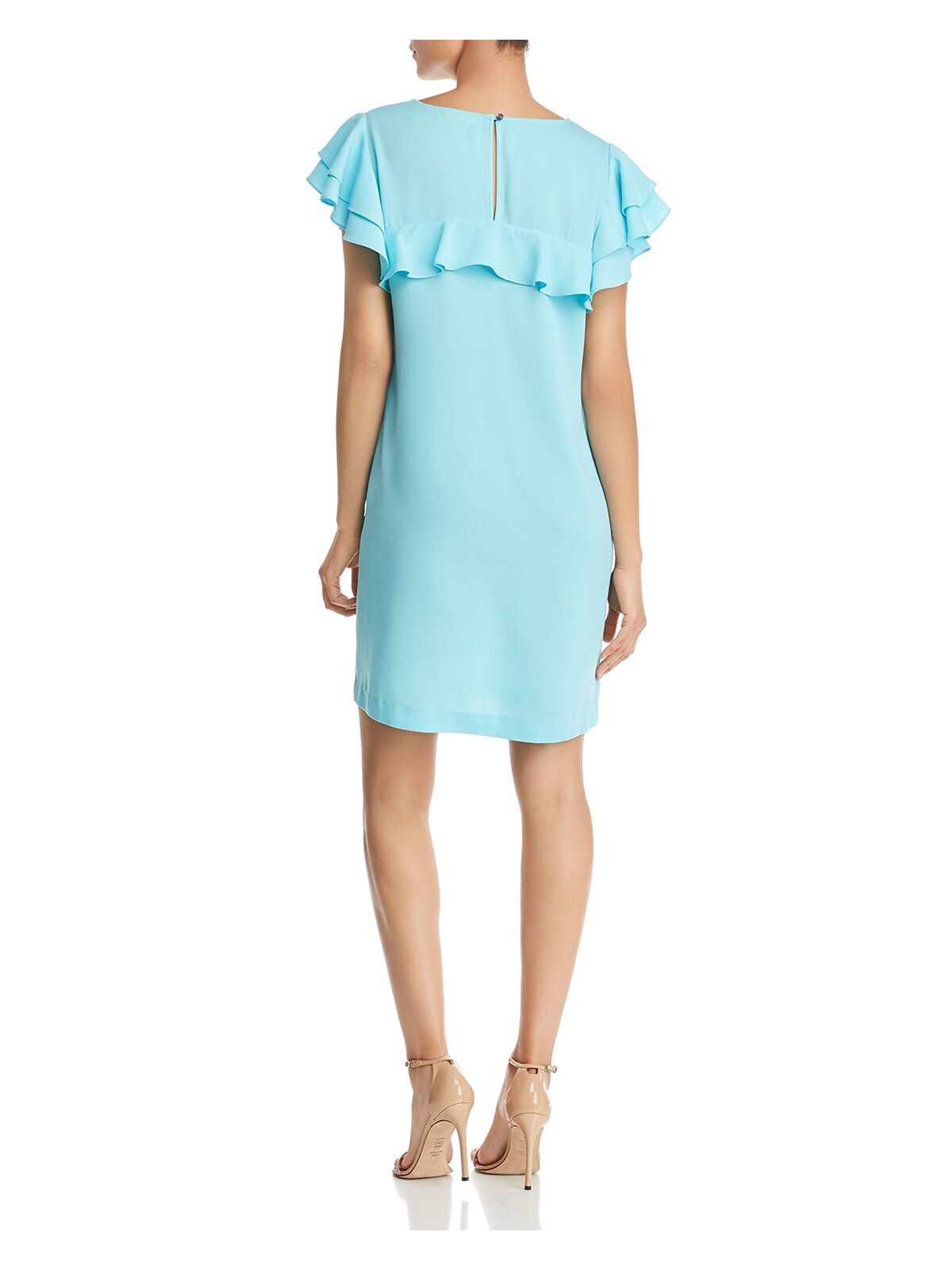 LE GALI Womens Turquoise Ruffled  Sleeves Short Sleeve Jewel Neck Short Cocktail Body Con Dress L