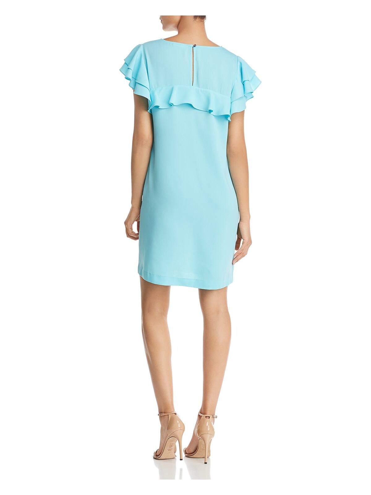 LE GALI Womens Aqua Ruffled  Sleeves Short Sleeve Jewel Neck Short Cocktail Body Con Dress XS