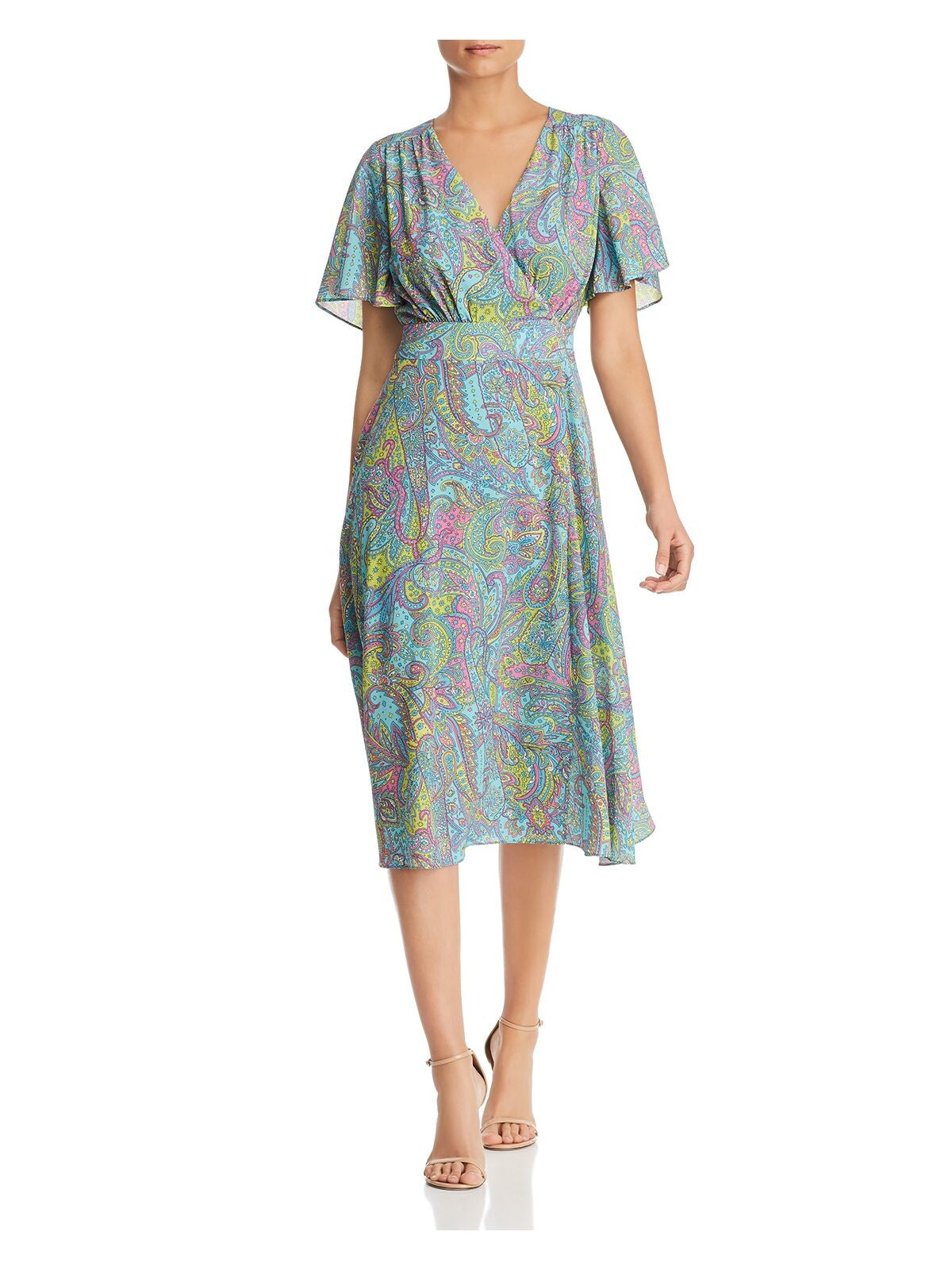 LE GALI Womens Aqua Belted Paisley Short Sleeve V Neck Below The Knee Evening Fit + Flare Dress XS