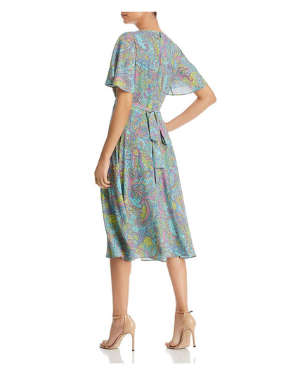 LE GALI Womens Aqua Belted Paisley Short Sleeve V Neck Below The Knee Evening Fit + Flare Dress XS