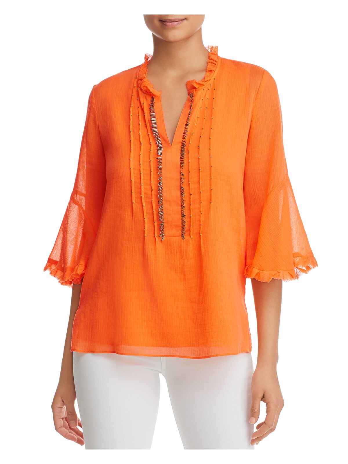 LE GALI Womens Orange Embellished Bell Sleeve Tunic Top XS
