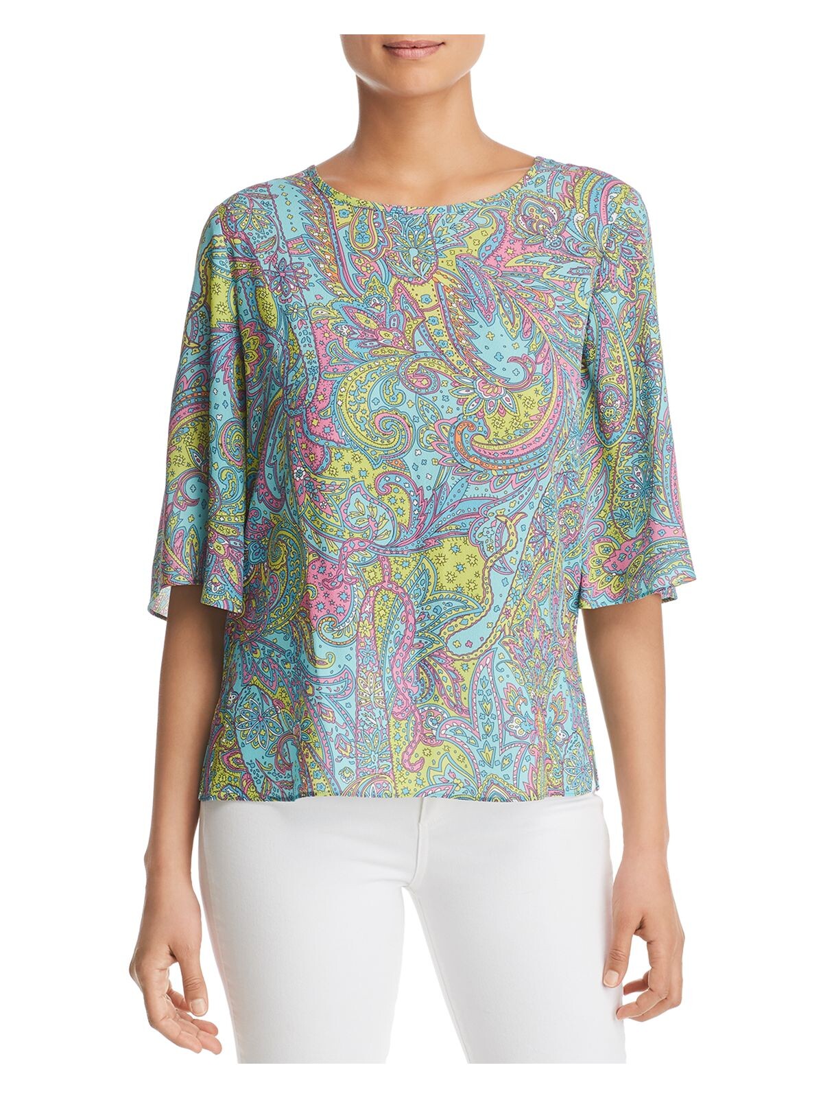 LE GALI Womens Turquoise Paisley 3/4 Sleeve Jewel Neck Blouse XS