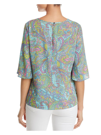 LE GALI Womens Turquoise Paisley 3/4 Sleeve Jewel Neck Blouse M