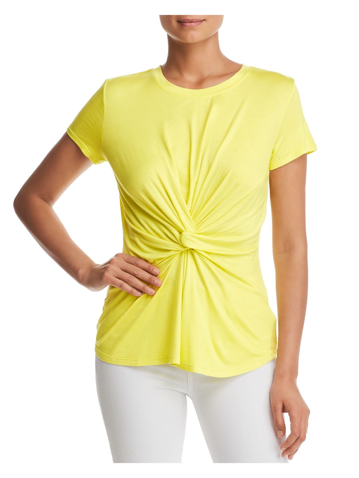 KENNETH COLE NEW YORK Womens Yellow Gathered Faux Knot Short Sleeve Crew Neck Top XS