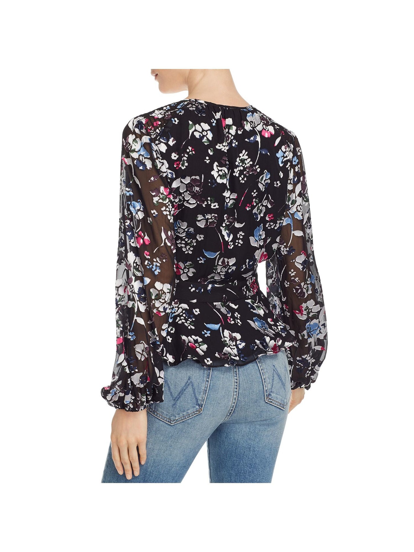 PARKER Womens Black Floral Long Sleeve V Neck Top XS