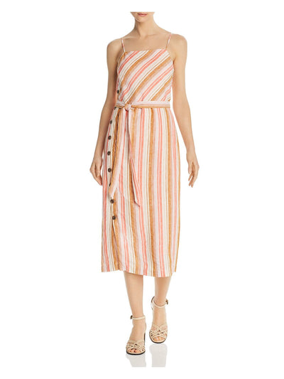 JOIE Womens Pink Belted Buttons Belted Buttons Striped Sleeveless Square Neck Midi Sheath Dress M