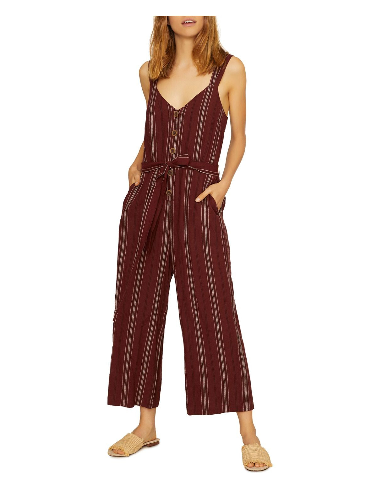 SANCTUARY Womens Burgundy Striped Sleeveless V Neck Wide Leg Jumpsuit XXS